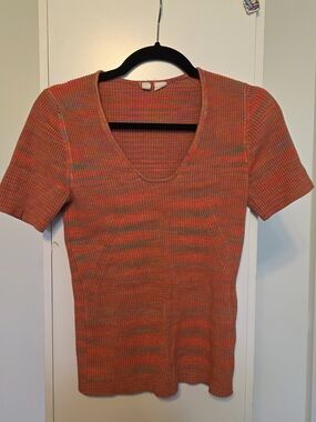Anthropologie Orange and Teal Ribbed V-Neck Short Sleeve Top